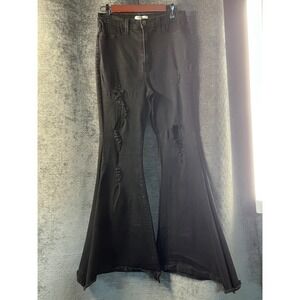 Vibrant Black Distressed Flare Bell Bottom Jeans Women Size‎ 13 W30